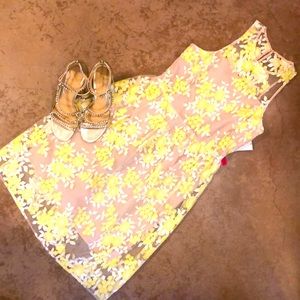Sheer yellow flower embroidered dress with nude underlay